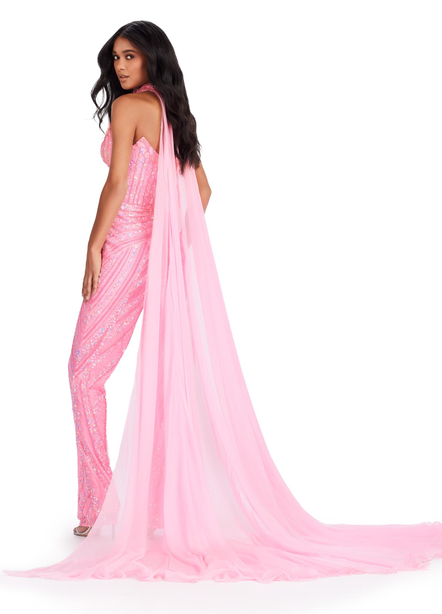 Back view. Pink ASHLEYlauren 11647 Strapless Fully Beaded Jumpsuit with Intricate Design, Sweetheart Neckline, Beaded Choker, and Flowing Chiffon Cape