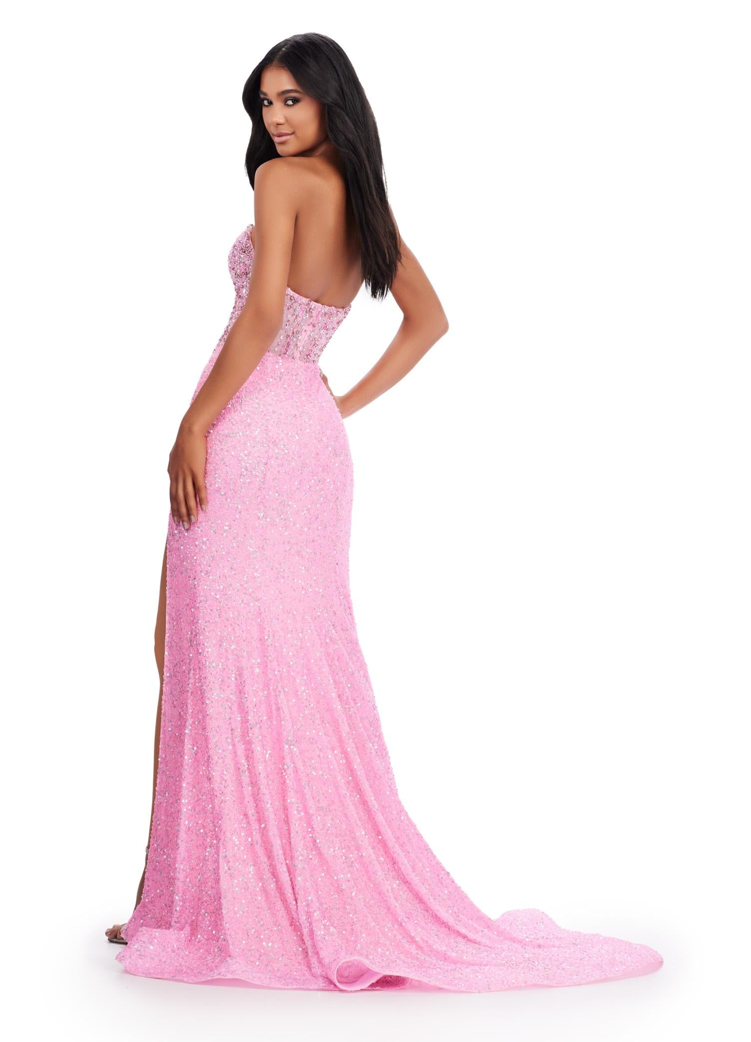 Back view. Pink ASHLEYlauren 11648 Strapless Fully Beaded Gown with Illusion Corset Bustier, Ruched Hip Detail, and Left Leg Slit