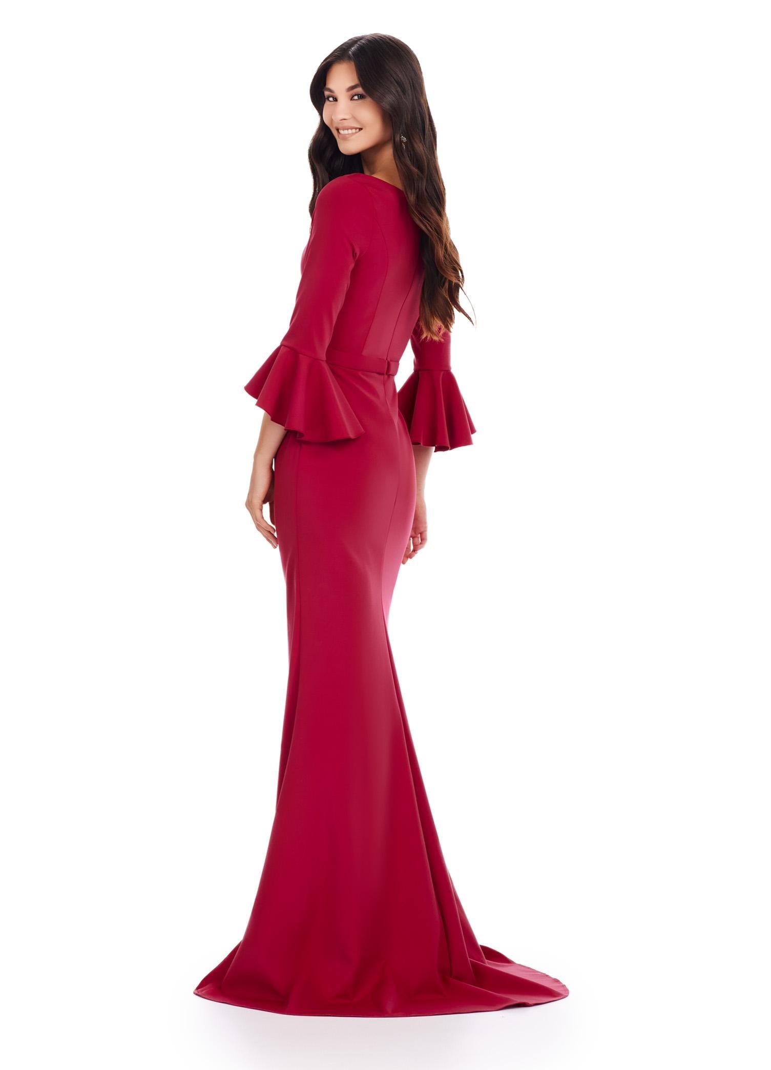 Back view. Red ASHLEYlauren 11325 Timeless Evening Gown with Scoop Neckline, Flutter Three Quarter Length Sleeves, Ruched Detailing, and Flowing Sweep Train