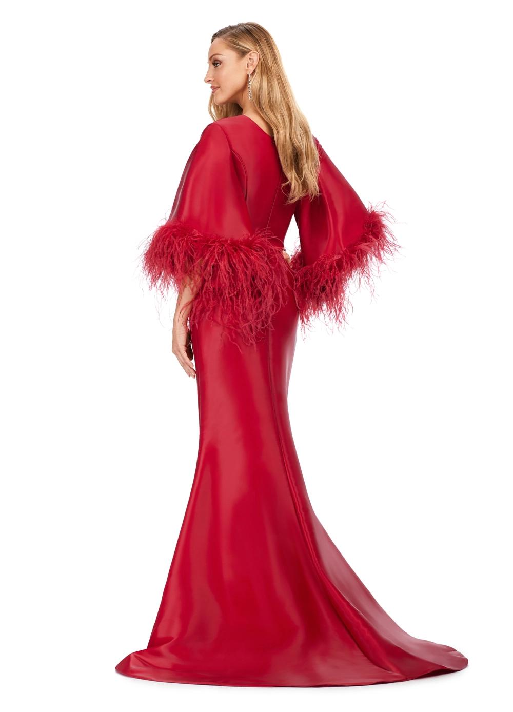 Back view. Red ASHLEYlauren 11381 Fit and Flare Phantom Satin Gown with Modern Scoop Neckline, Feather Detailed Flare Sleeves, and Horsehair Hem Skirt