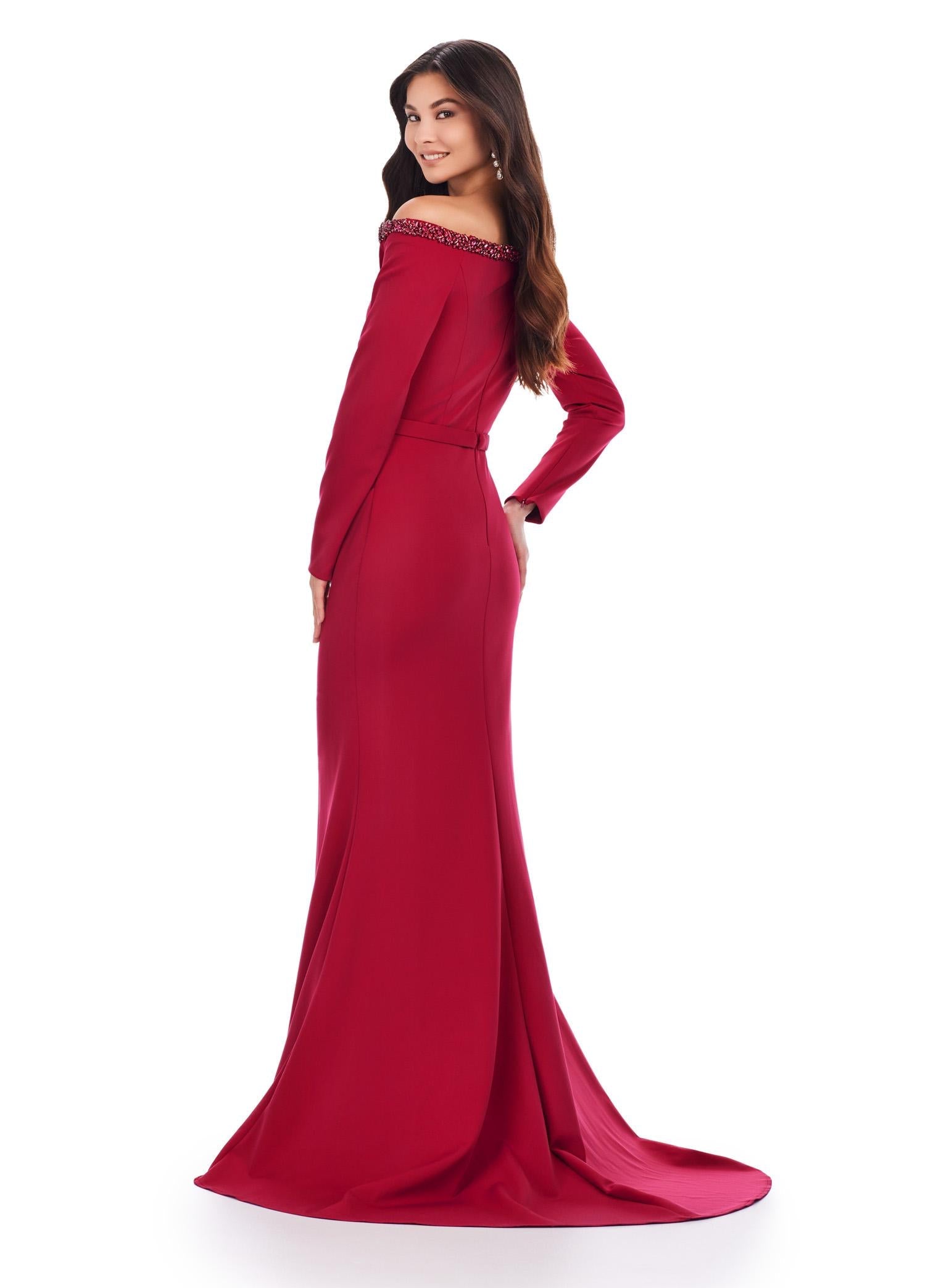 Back view. Red ASHLEYlauren 11450 Chic Long Sleeve Scuba Gown with Asymmetrical Off Shoulder Beaded Neckline and Flattering Ruched Hip Detailing