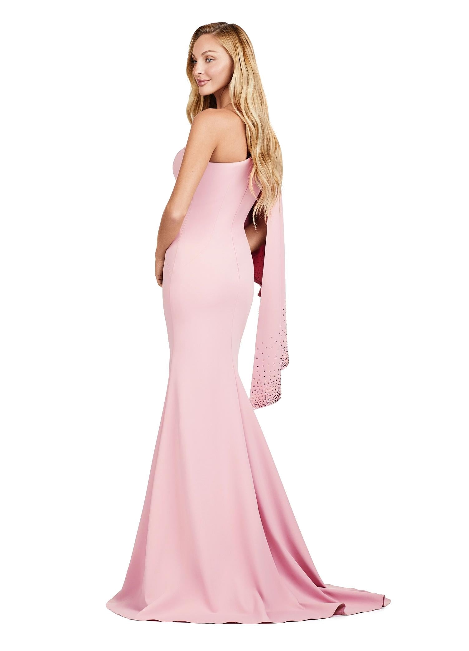 Back view. Rose ASHLEYlauren 11421 Classic One Shoulder Fitted Scuba Gown with Dramatic Ruffle Capelet Adorned in Press On Stones