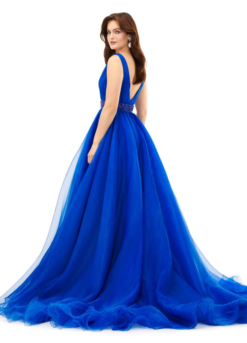 Back view. Royal ASHLEYlauren 11305 stunning organza ball gown featuring a deep V-neckline, V-back, crystal-encrusted waistband, and a long, lavish train for an elegant and show-stopping look.