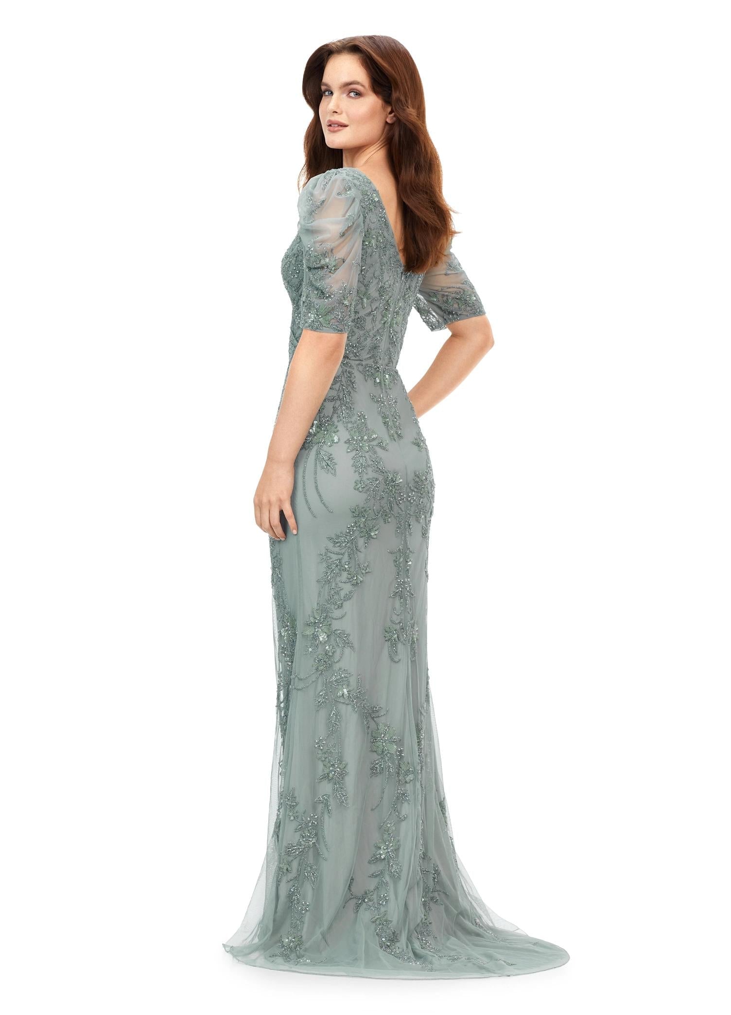 Back view. Sage ASHLEYlauren 11234 Elegant Fully Beaded Gown with V-Neckline, Wrap Style Bustier, and Sheer Ruffled Puff Mesh Sleeves