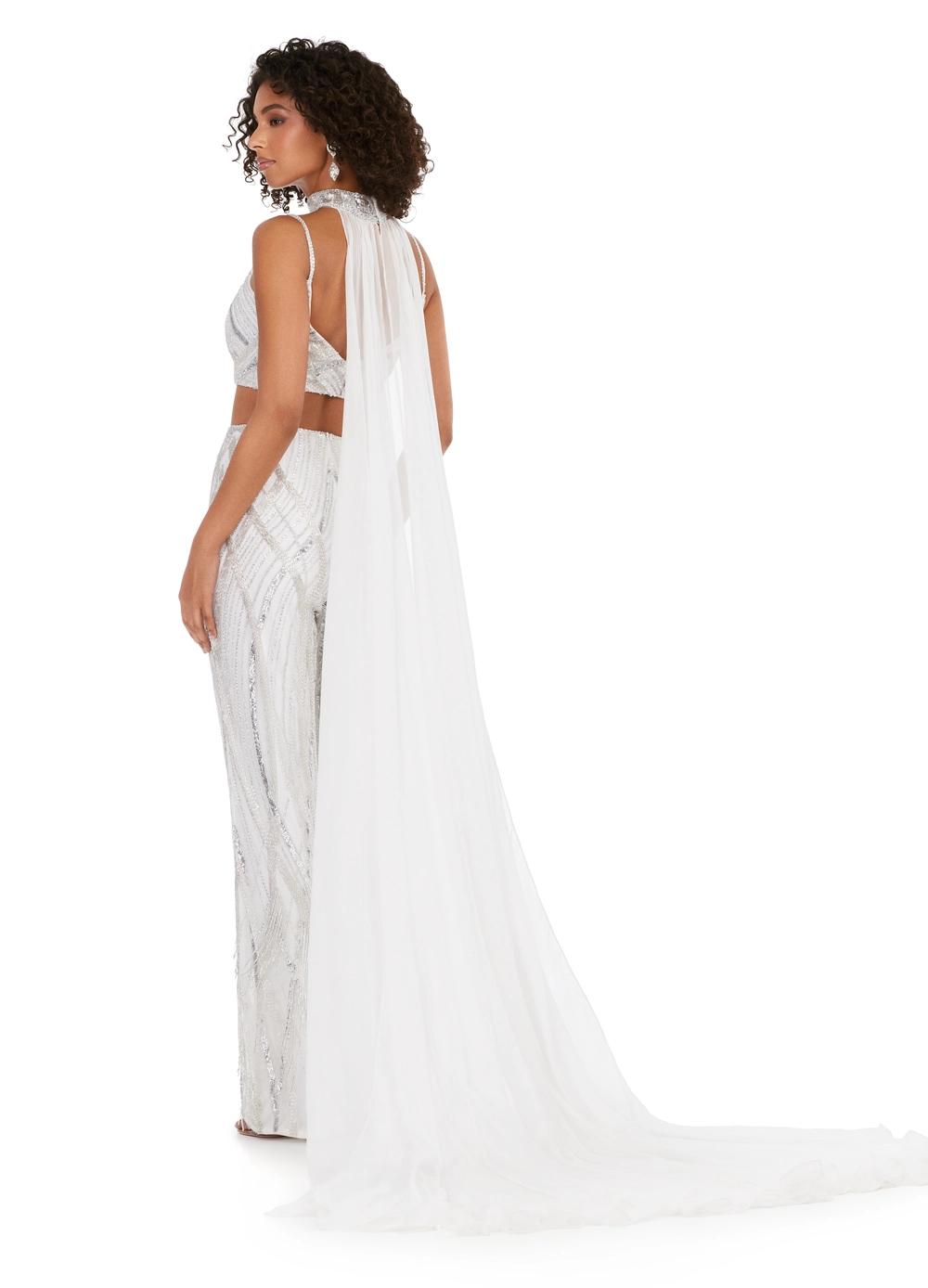 Back view. Silver ASHLEYlauren 11385 statement two-piece jumpsuit featuring an intricately hand-beaded bustier and pants, a matching beaded choker, and a dramatic chiffon cape for a bold and fashion-forward look.