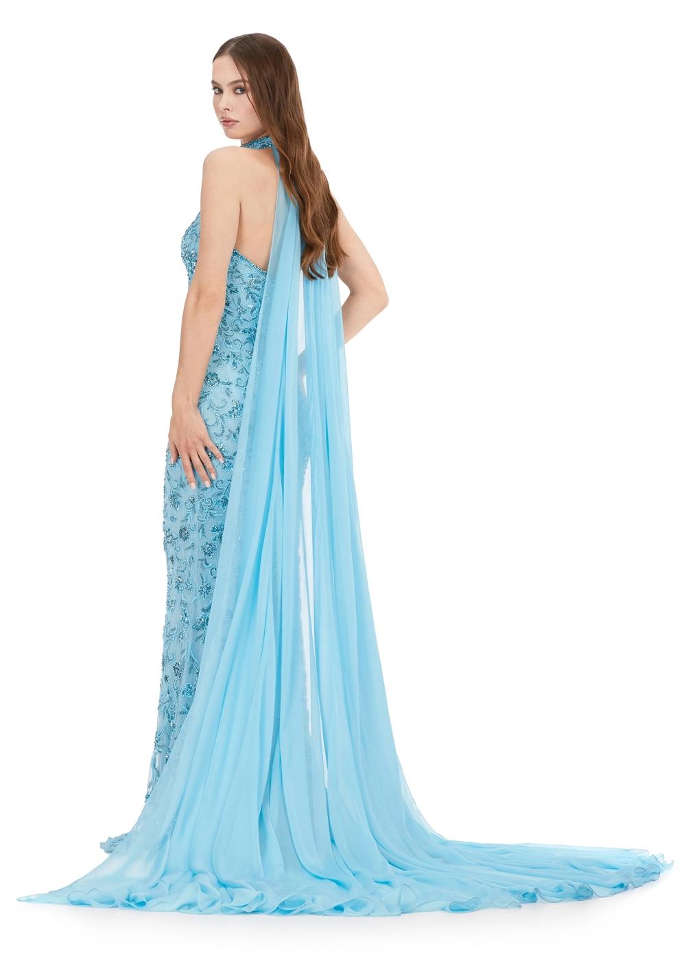Back view. Sky ASHLEYlauren 11404 breathtaking strapless gown featuring intricate full sequin beading, a matching sequin choker, and a flowing chiffon cape for a dramatic and statement-making look.
