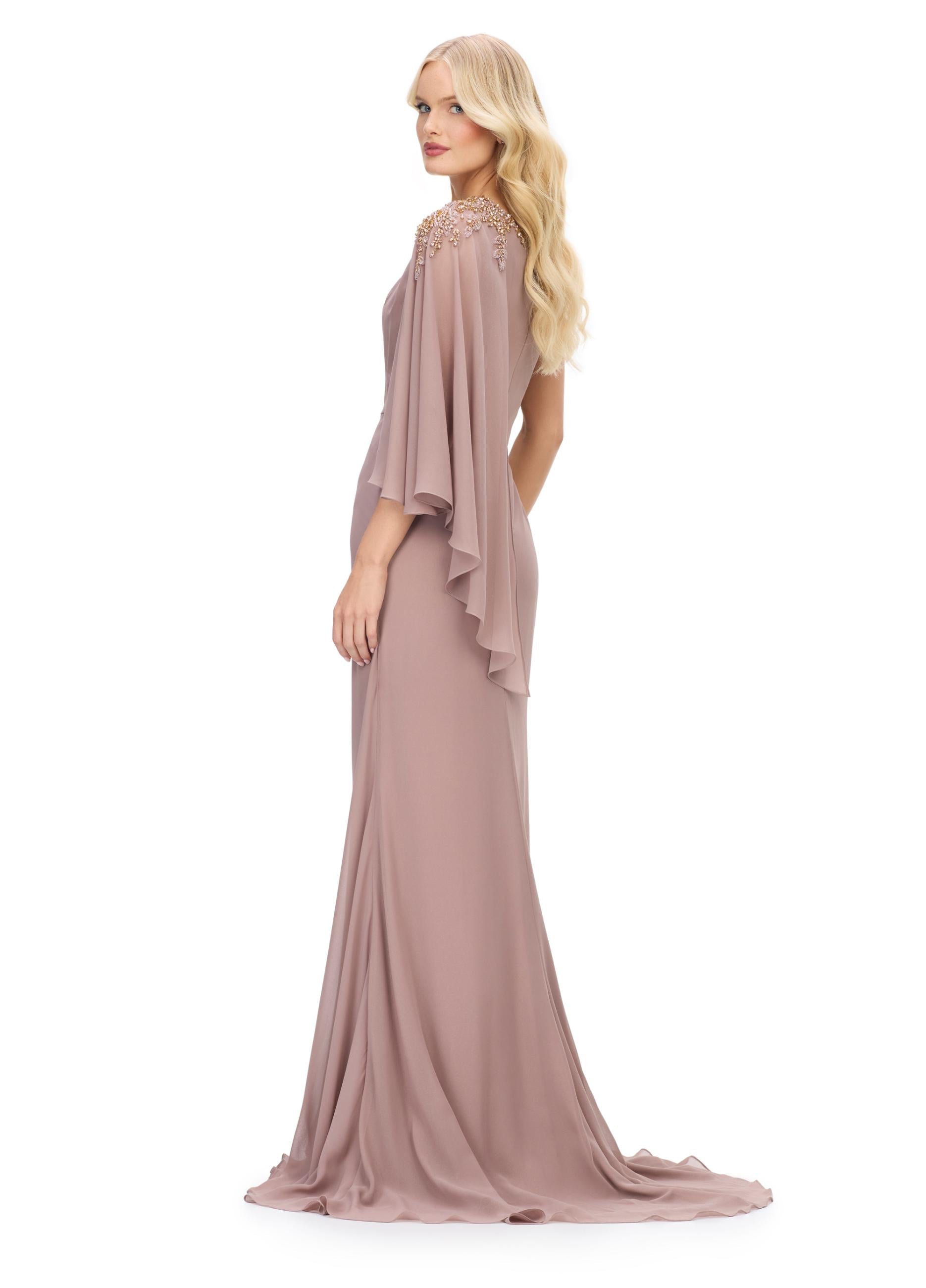 Back view. Taupe ASHLEYlauren 11701 Elegant One Shoulder Chiffon Gown with Flowing Ruffle Sleeve and Sparkling Beaded Details