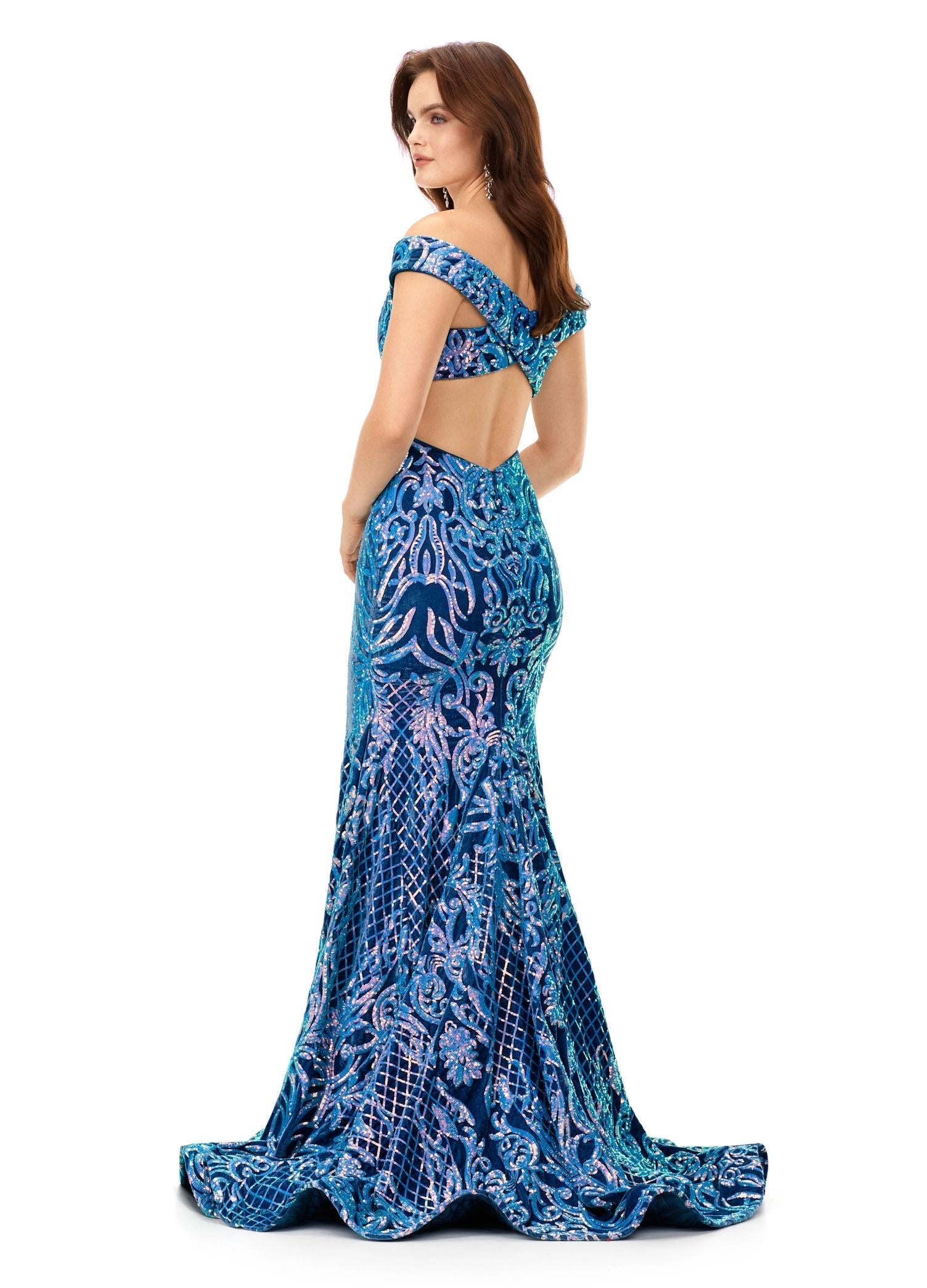 Back view. Turquoise/Royal ASHLEYlauren 11330 elegant off shoulder velvet sequin gown featuring a signature criss-cross back, a fitted silhouette, horsehair hem, and a sweep train for a sophisticated and glamorous look.