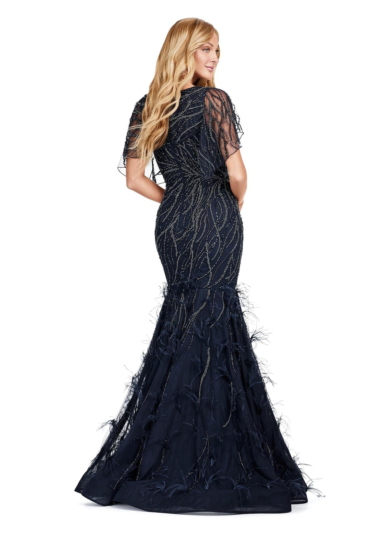 Back view. Twilight ASHLEYlauren 11431 Classy Fully Beaded Gown with Crew Neckline, Sheer Asymmetrical Cape Overlay, Feather-Embellished Skirt, and Mermaid Silhouette