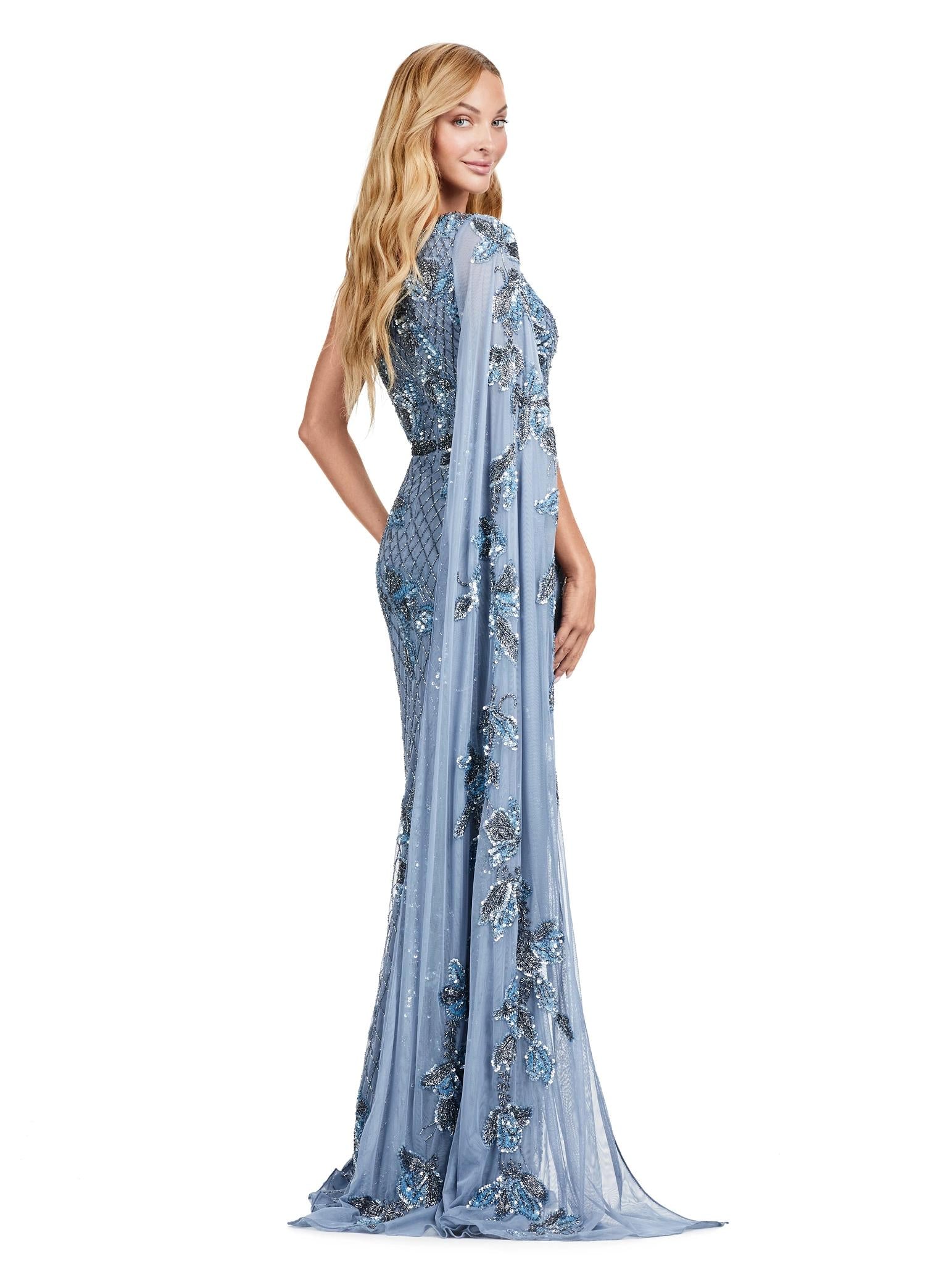 Back view Vintage Blue ASHLEYlauren 11434 Elegant Fully Beaded Gown with One Shoulder Design and Statement Floor Length Sleeve for a Modern Twist on a Classic Look