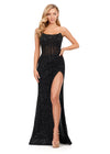 ASHLEYlauren 11238 | Black jaw-dropping strapless gown featuring a fitted silhouette, corset bustier with stunning crystal beadwork, a fully beaded wrap skirt, and a left leg slit for a glamorous red carpet-worthy look.