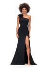 ASHLEYlauren 11290 | Black one shoulder scuba gown featuring a feather embellished neckline and heat set stones cascading down the skirt. Finished with a left leg slit, this design delivers a bold and elegant silhouette.