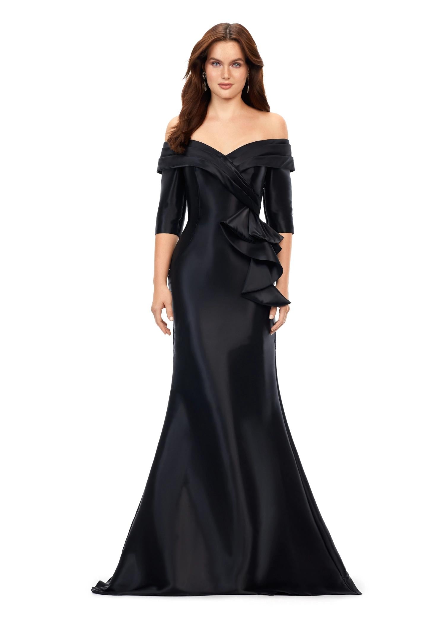Black ASHLEYlauren 11324 Elegant Off Shoulder Fitted Mermaid Gown in Phantom Satin with Statement Ruffle Detail at the Hip