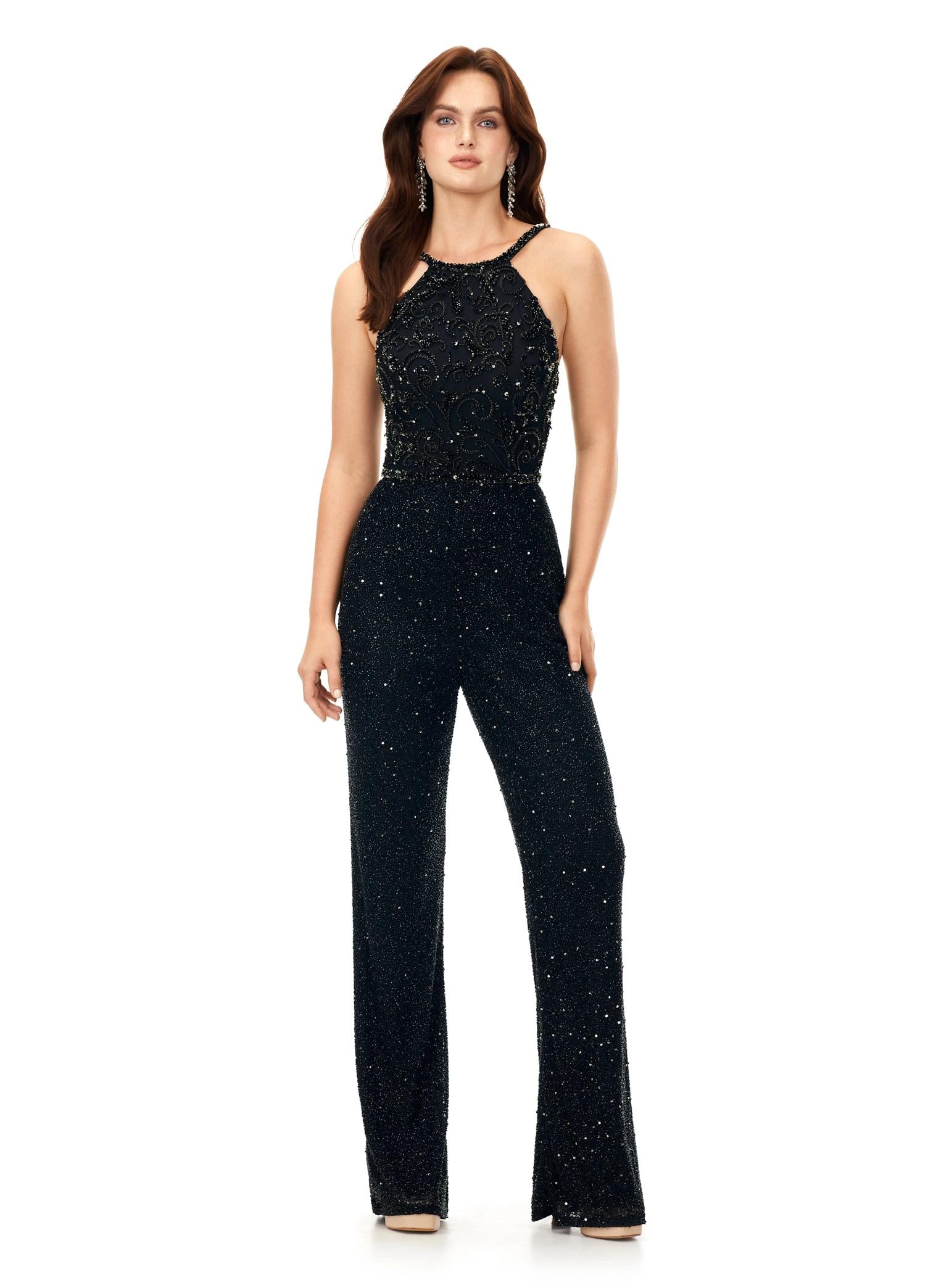 Black ASHLEYlauren 11339 unique halter-style jumpsuit featuring an intricately hand-beaded bodice, open back, and flowing wide-leg pants for a bold and sophisticated statement look.