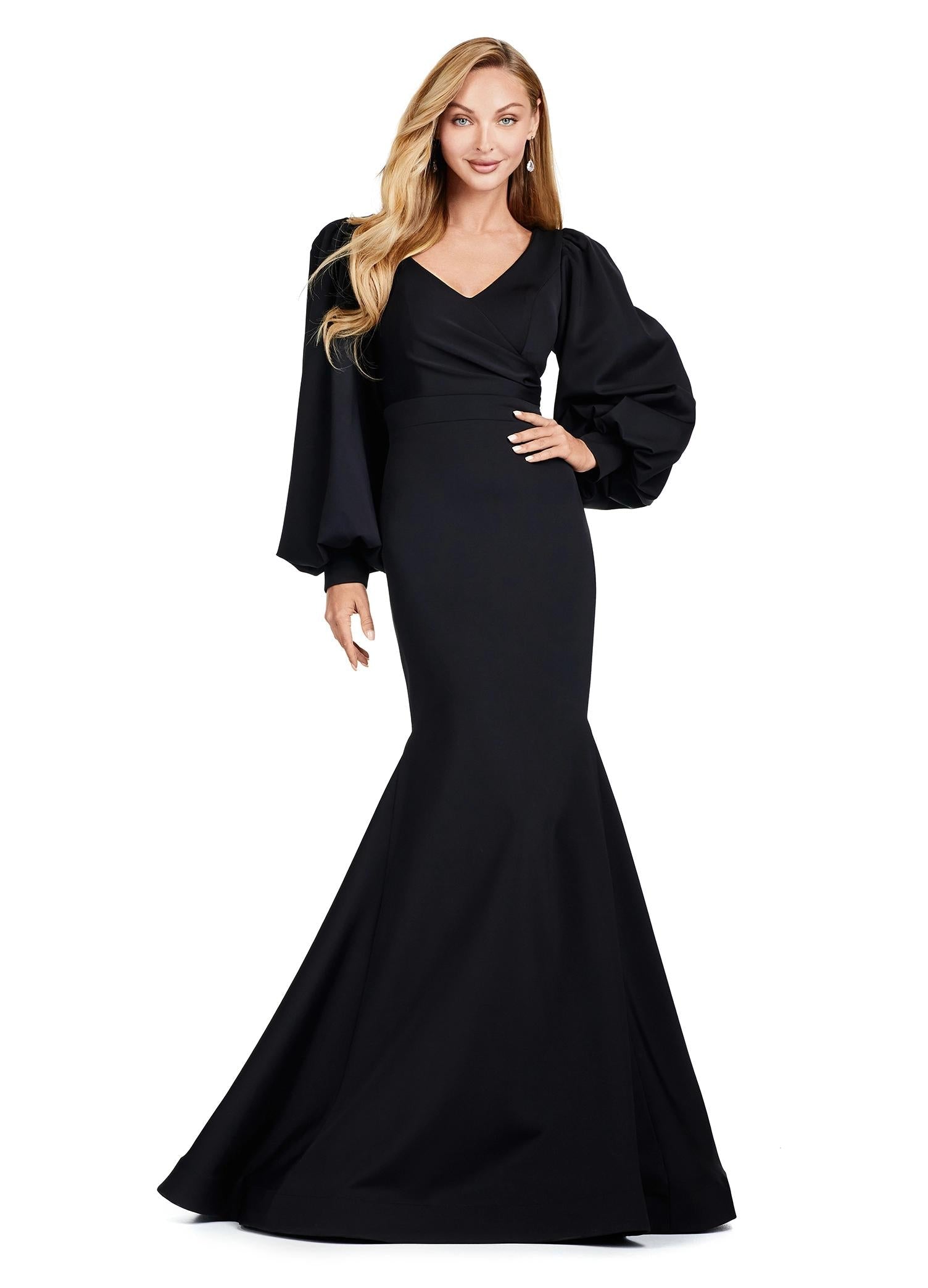 Black ASHLEYlauren 11345 Elegant Fitted Scuba Evening Gown with Draped V-Neckline, Flowing Bishop Sleeves, and Sweep Train