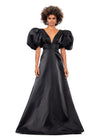 ASHLEYlauren 11379 | Black Elegant Shimmer Satin A-Line Gown with V-Neckline, V-Back, Oversized Puff Sleeves, and Heat Set Detailed Waistband