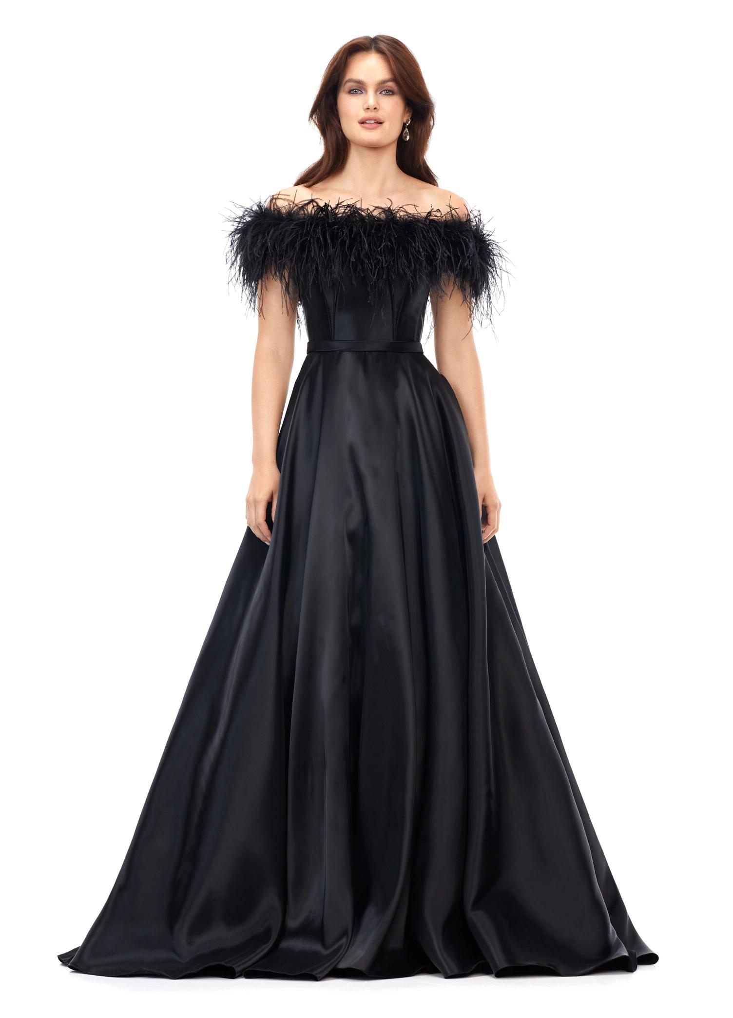 Black ASHLEYlauren 11382 Elegant Off Shoulder Ball Gown in Phantom Satin with Feather Accent Neckline and Flowing A-Line Skirt