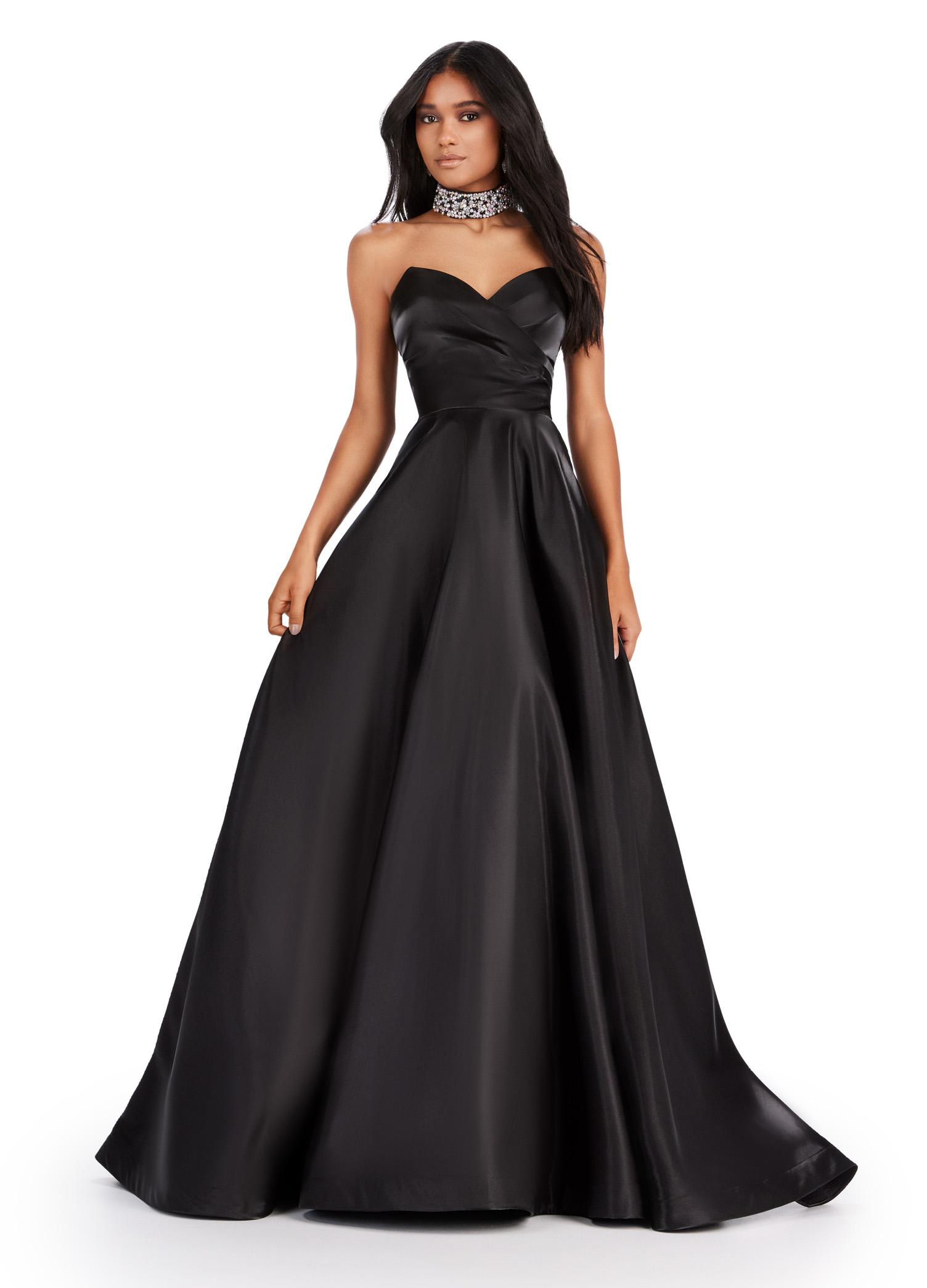 Black ASHLEYlauren 11473 elegant A-line satin ball gown featuring a strapless sweetheart neckline, ruched bustier, and a fully beaded matching choker for a timeless and glamorous look.