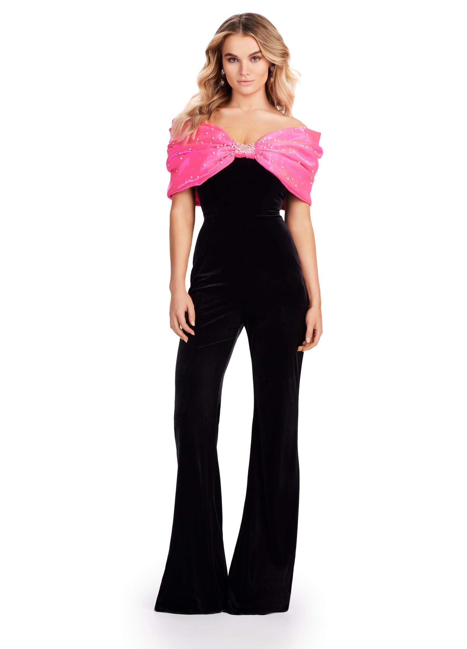 Black/Hot Pink ASHLEYlauren 11535 Strapless Velvet Jumpsuit with Off Shoulder Design, Oversized Satin Bow, and Pearl & Crystal Accents