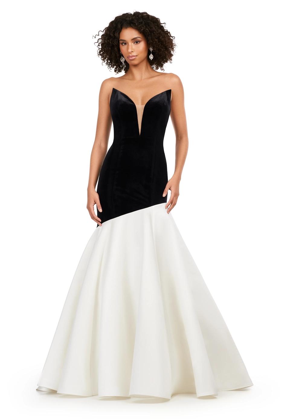 Black/Ivory ASHLEYlauren 11264 show-stopping mermaid gown featuring a deep V-neckline, luxurious velvet bustier, asymmetrical satin flare skirt, and a sweep train for a bold and glamorous statement look.
