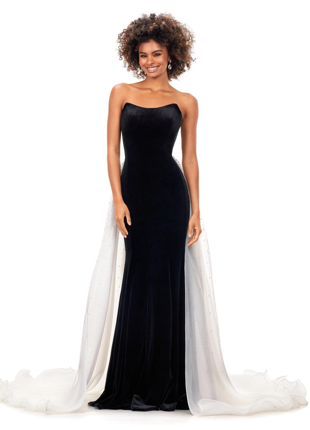 Black/Ivory ASHLEYlauren 11311 stretch velvet gown featuring a strapless sweetheart bustier, crystal-embellished organza overskirt, and cascading crystal details for an elegant and luxurious look.