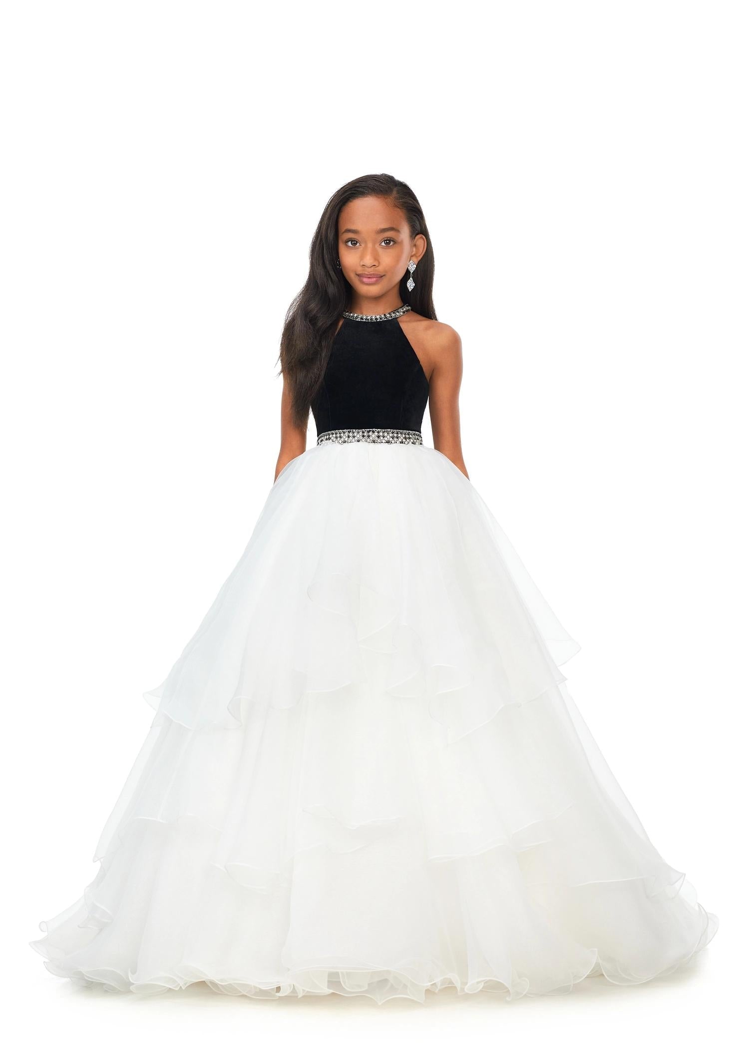Black/Ivory ASHLEYlauren Kids 8179 Halter Ball Gown with Velvet Bodice and Crystal Details. 