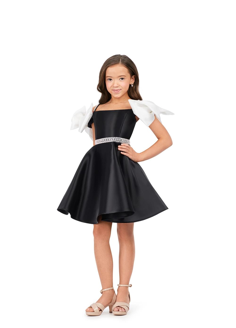 Black/Ivory ASHLEYlauren Kids 8223 Off Shoulder Phantom Satin Dress with Pearl Belt and Bow Sleeves