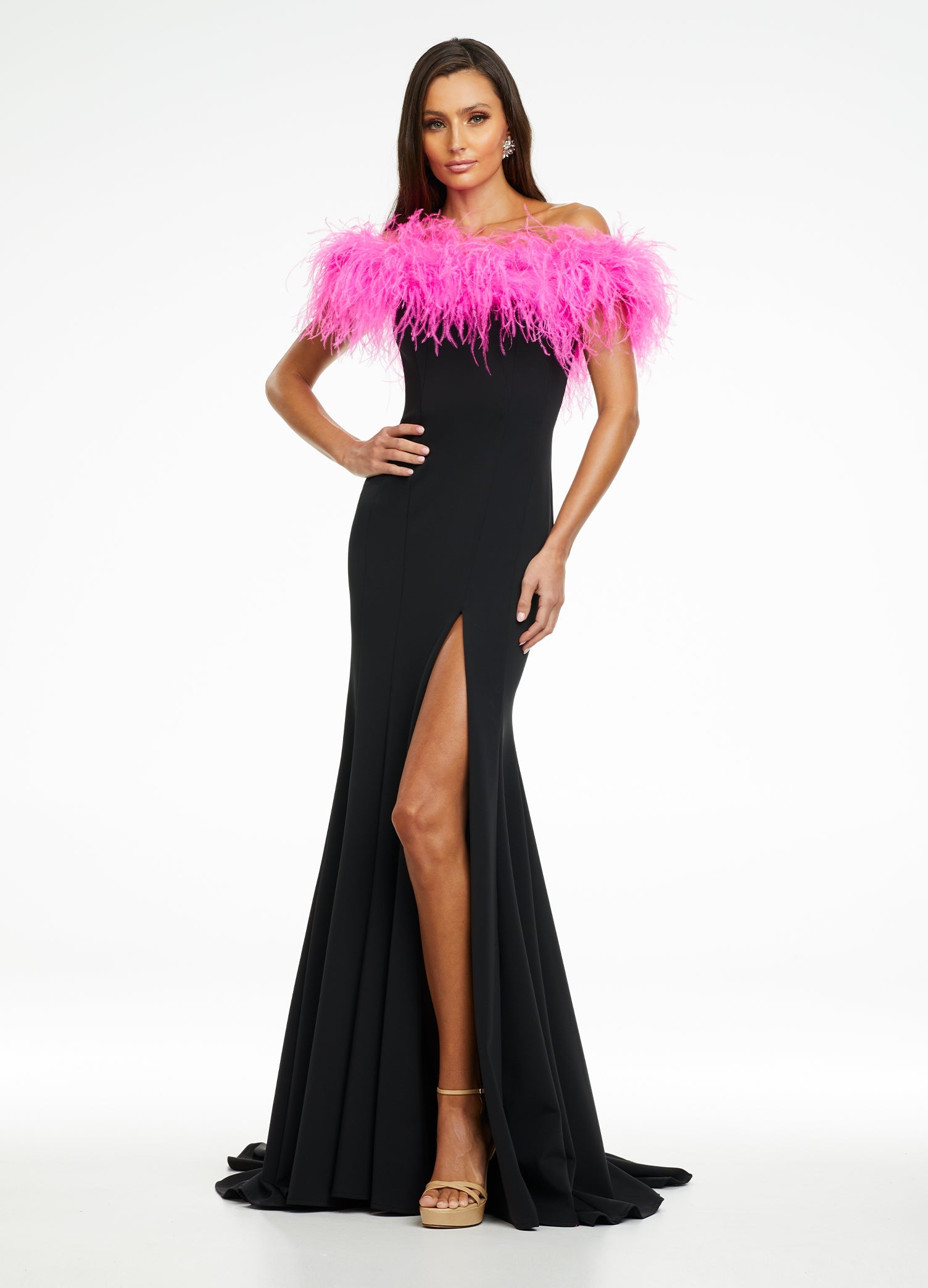 ASHLEYlauren 11099 - Off-Shoulder Mermaid Gown with Feather