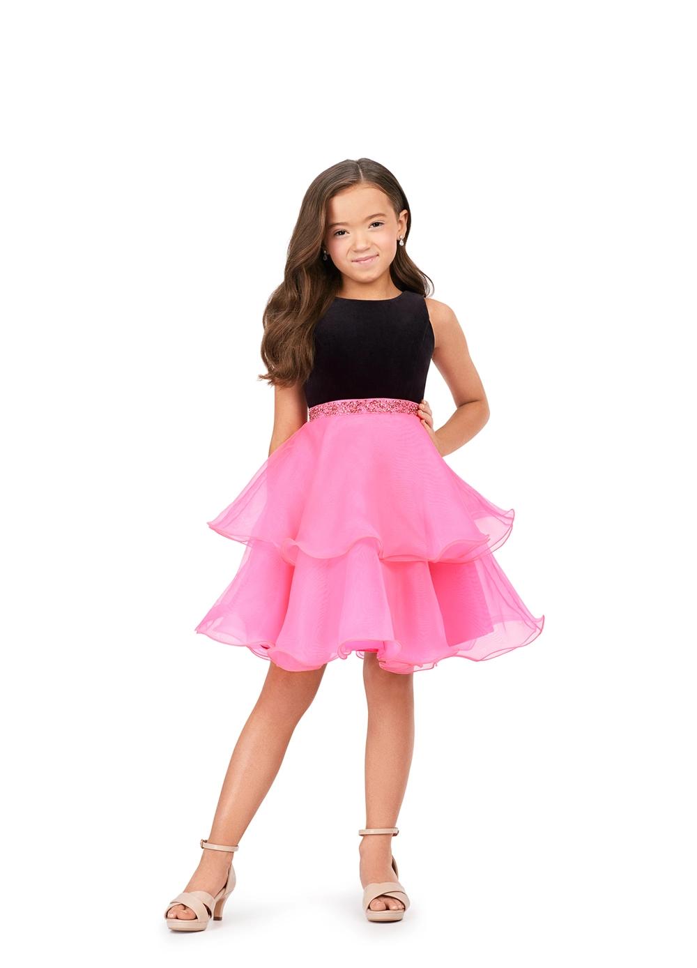 Black/Pink ASHLEYlauren Kids 8216 Velvet and Organza Cocktail Dress with Beaded Waistband