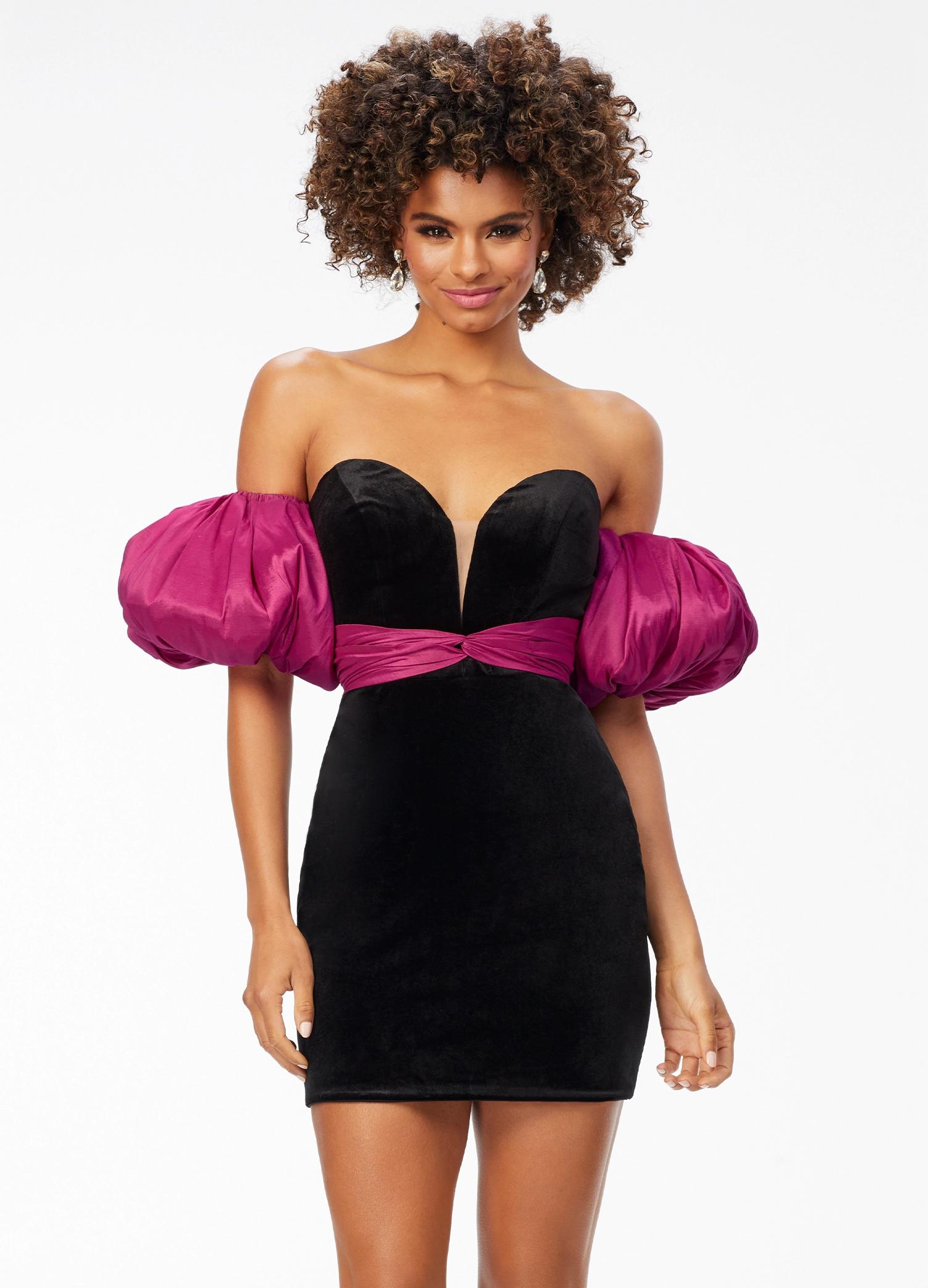 Black/Raspberry ASHLEYlauren 4559 elegant strapless velvet cocktail dress featuring a sweetheart V-neckline, taffeta wrapped waistline, detachable puff sleeves, and a fitted skirt for a sophisticated and statement-making look.