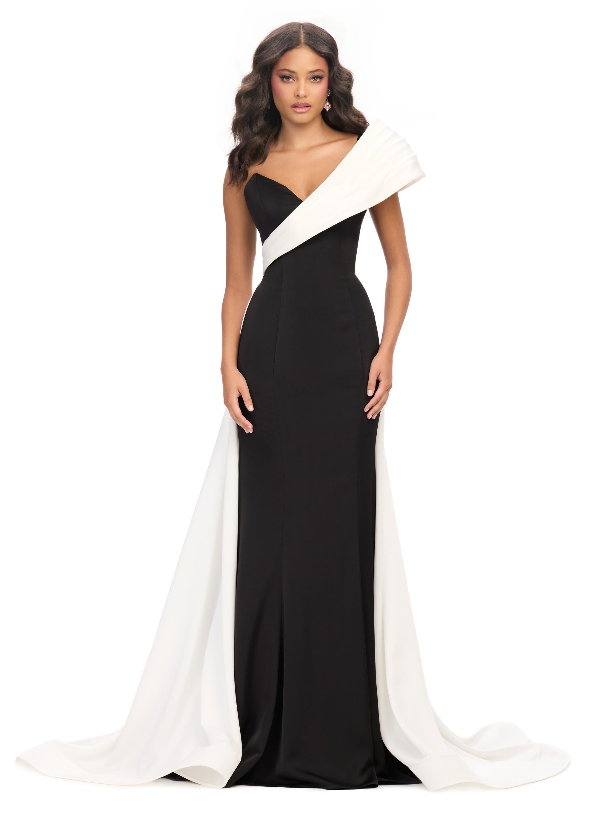 ASHLEYlauren 11735 - One-Shoulder Satin Gown with Overskirt