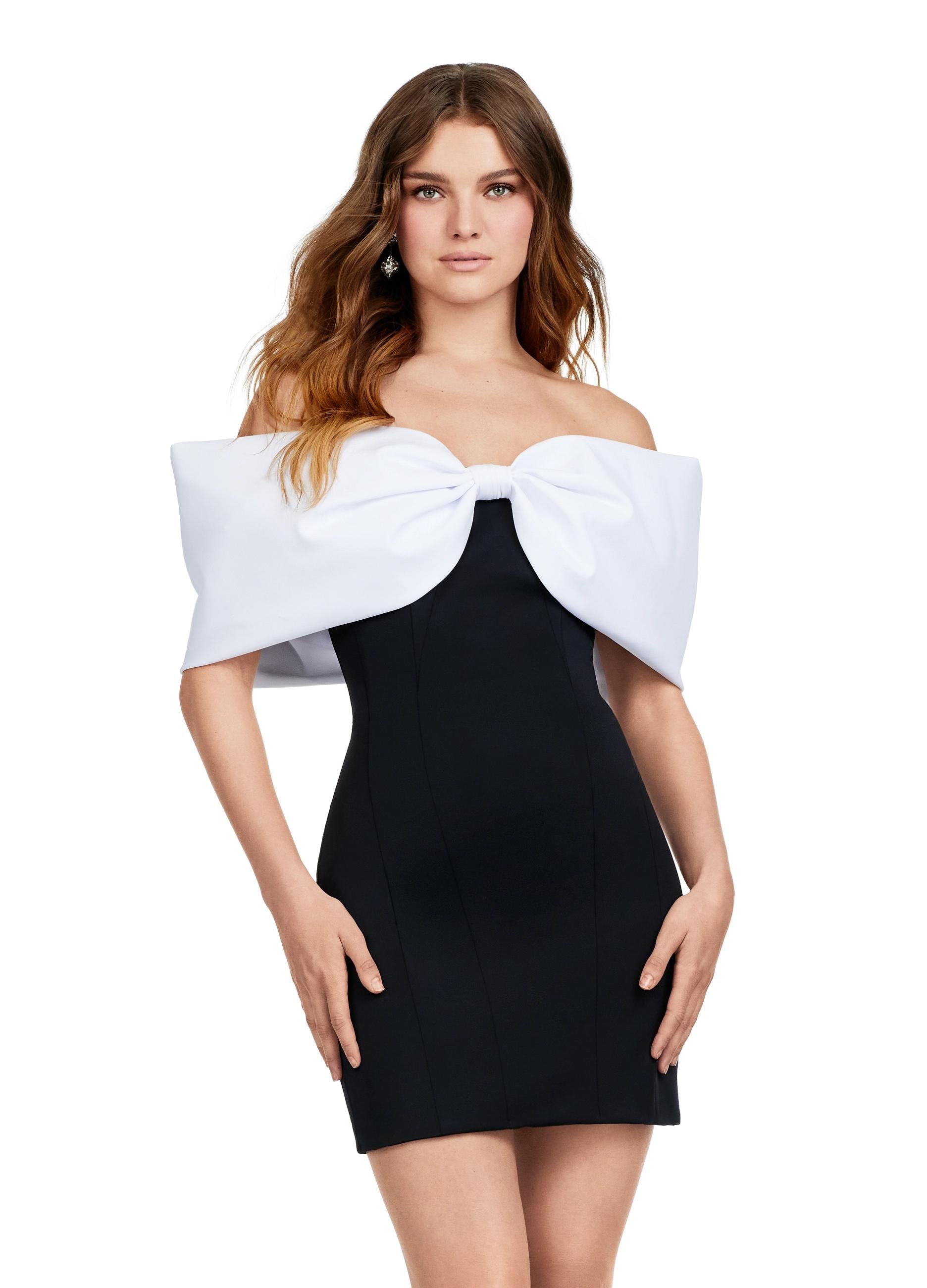 Black/White ASHLEYlauren 4640 off shoulder scuba cocktail dress featuring oversized bow details, off shoulder straps, and a fitted skirt for a chic and elegant look.