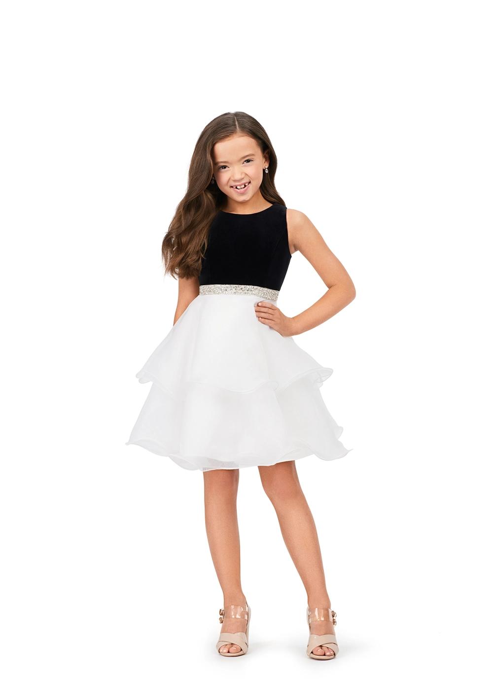 Black/White ASHLEYlauren Kids 8216 Velvet and Organza Cocktail Dress with Beaded Waistband
