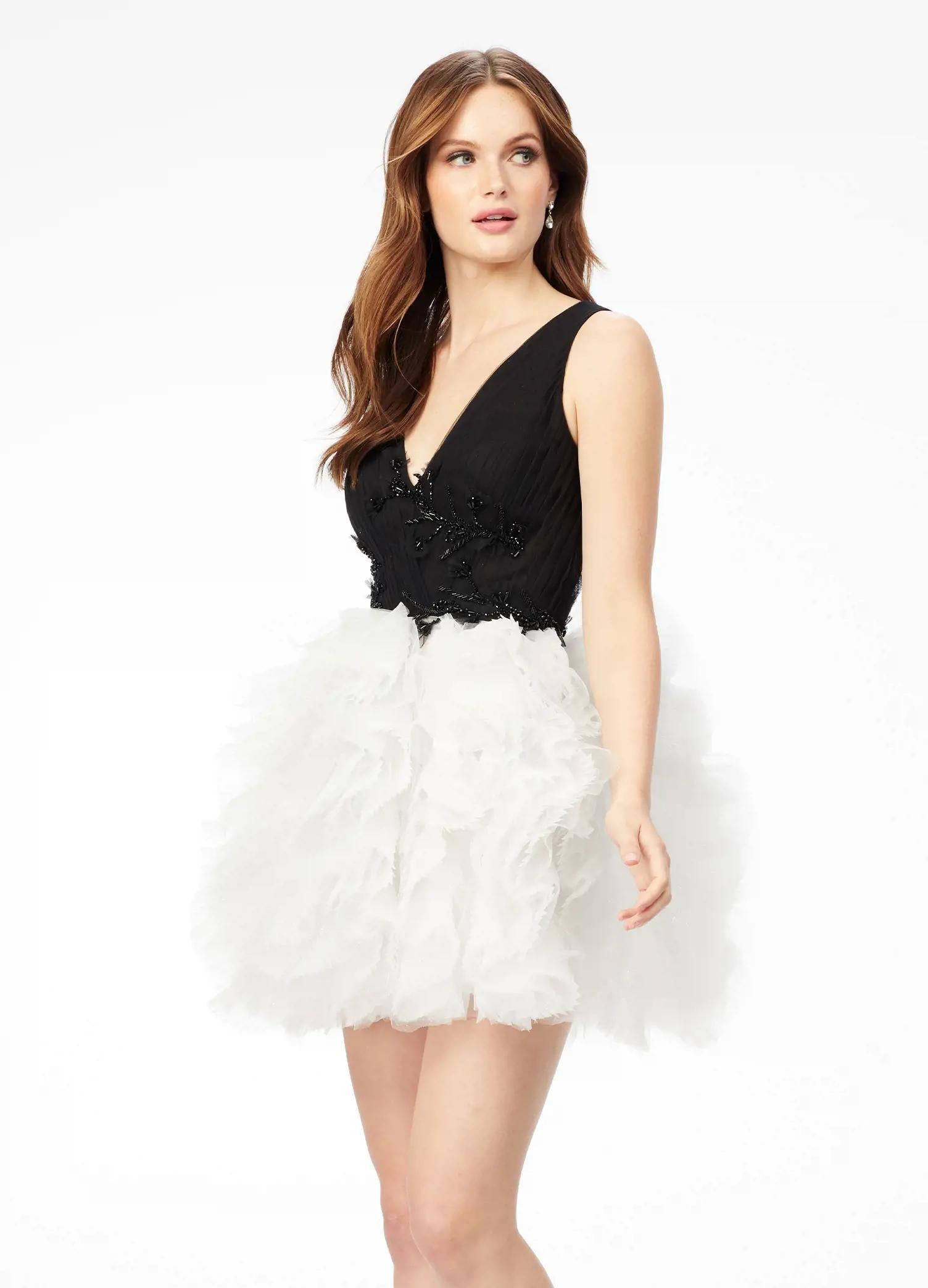 Black/white ASHLEYlauren 4546 A-line cocktail dress featuring a V-neckline, ruched bustier with scattered embellishments, and a layered ruffle tulle skirt for a sweet and statement-making look.