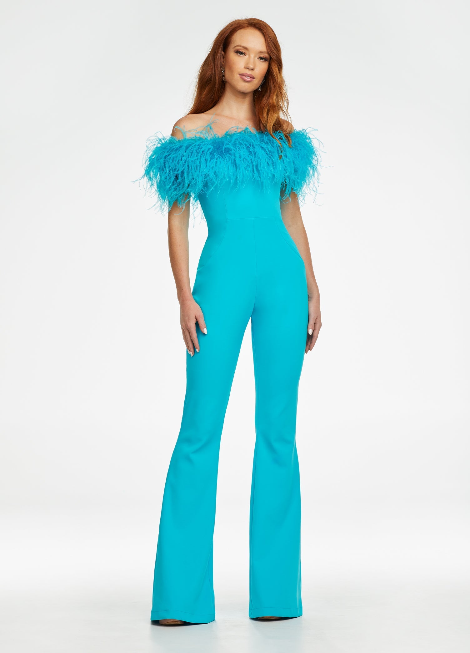 ASHLEYlauren 11100 Off Shoulder Feather Flare Jumpsuit