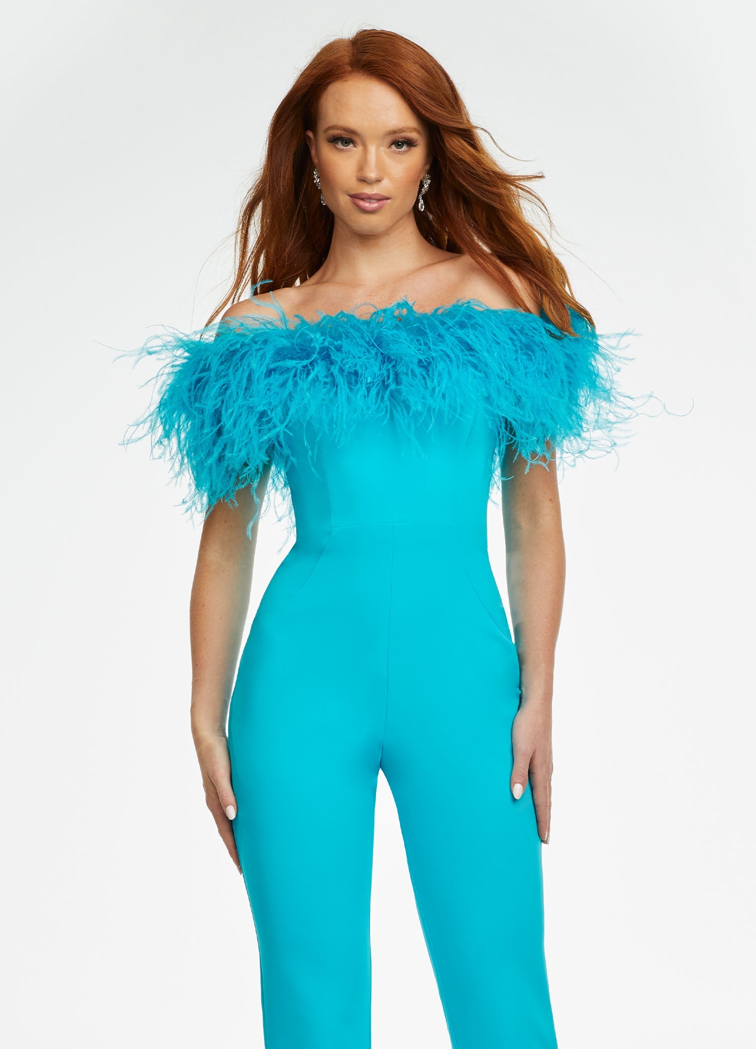 ASHLEYlauren 11100 – A flirty off-shoulder scuba jumpsuit featuring feather details along the neckline and flare pant legs. Perfect for making a stylish statement at your next event.