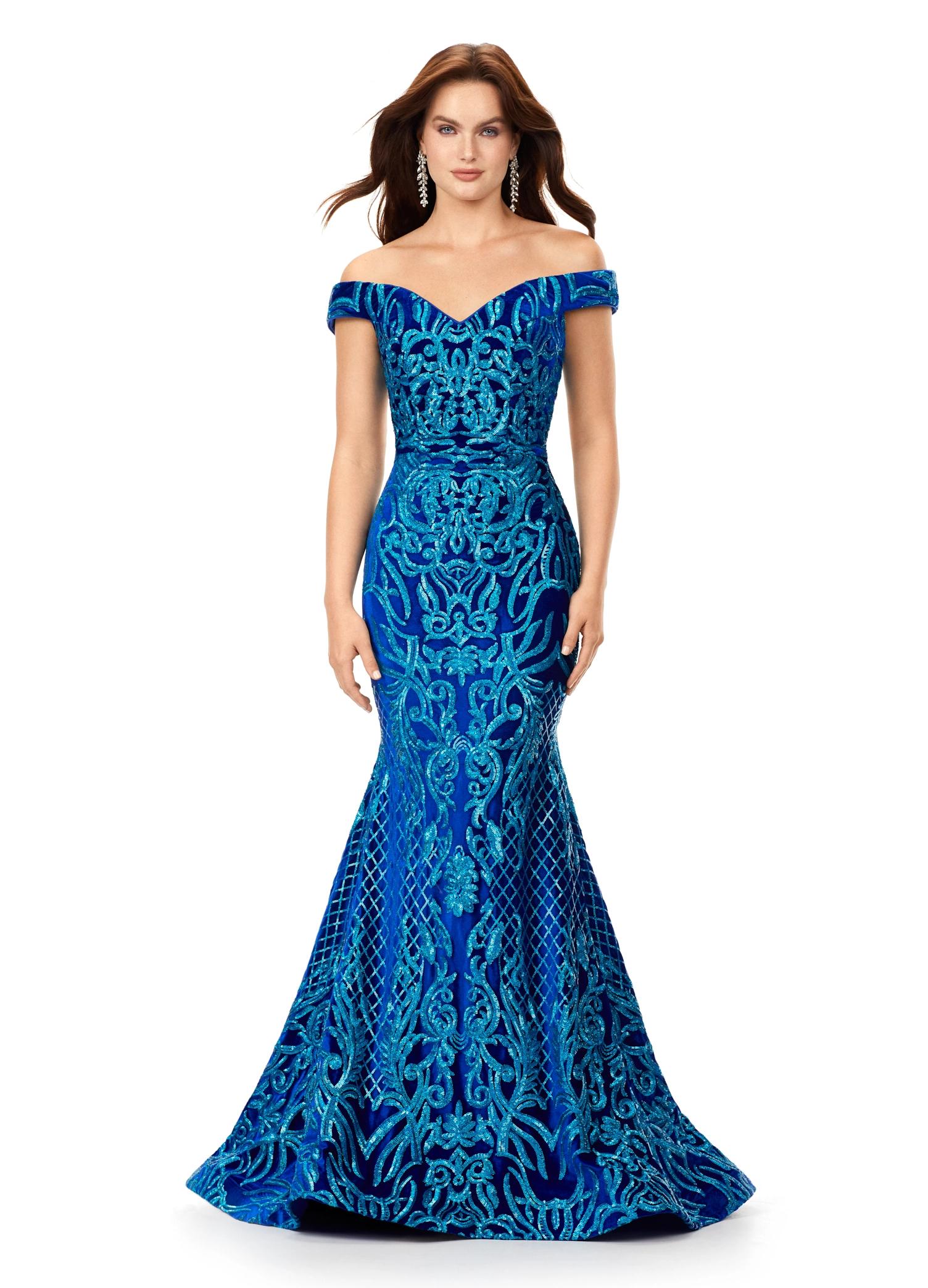 Blue ASHLEYlauren 11330 elegant off shoulder velvet sequin gown featuring a signature criss-cross back, a fitted silhouette, horsehair hem, and a sweep train for a sophisticated and glamorous look.