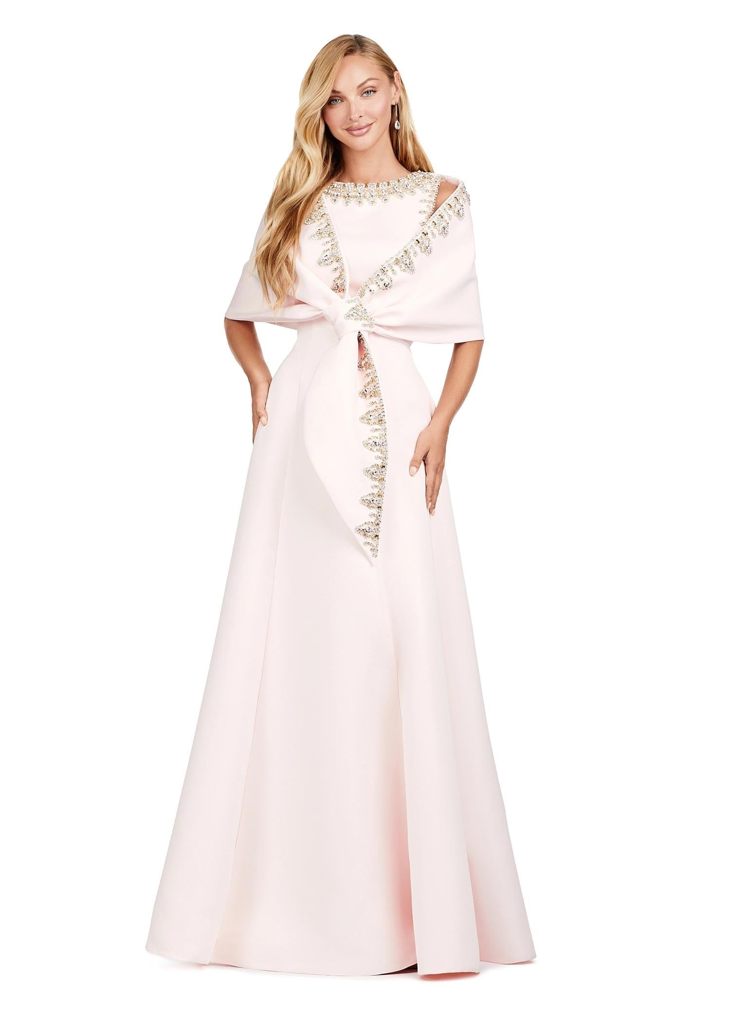 Blush ASHLEYlauren 11426 Elegant Double Faced Satin Gown with Crew Neckline, Crystal Embellishments, Subtle A-Line Skirt, and Detachable Beaded Shawl with Finger Loop