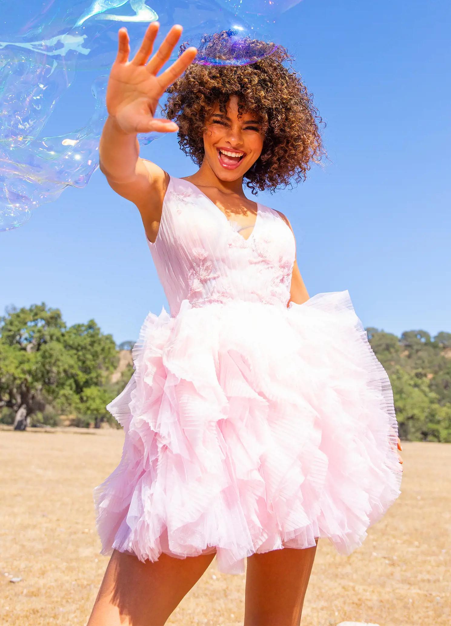 ASHLEYlauren 4546 V Neck Ruffle Tulle A Line Cocktail Dress