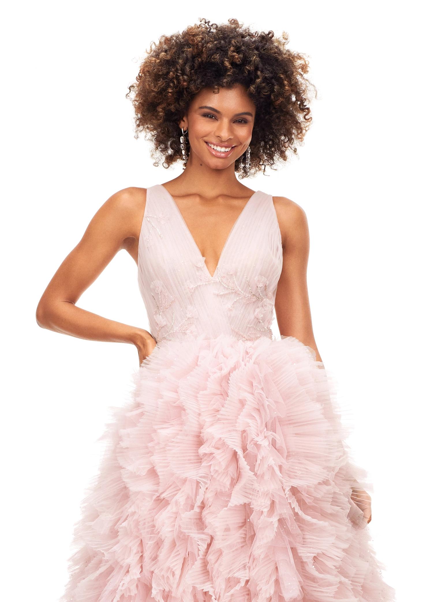 ASHLEYlauren 11233 - V-Neck Ball Gown with Glitter Tulle Skirt