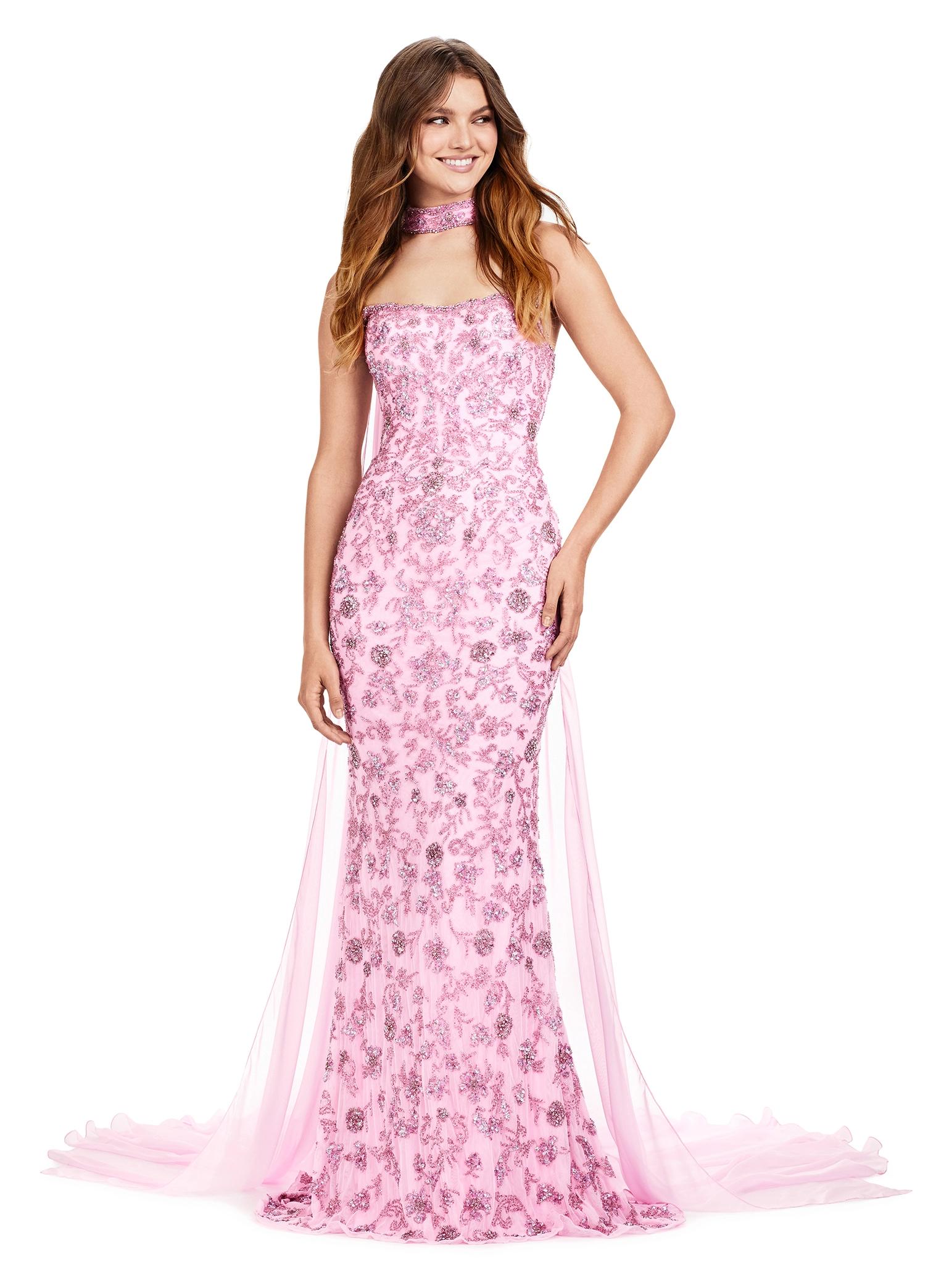 Candy Pink ASHLEYlauren 11404 breathtaking strapless gown featuring intricate full sequin beading, a matching sequin choker, and a flowing chiffon cape for a dramatic and statement-making look.