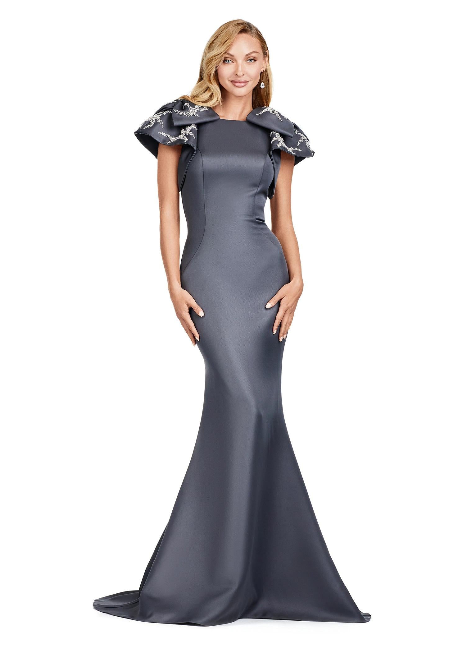 ASHLEYlauren 11415 - Satin Gown with Beaded Bow Shoulders