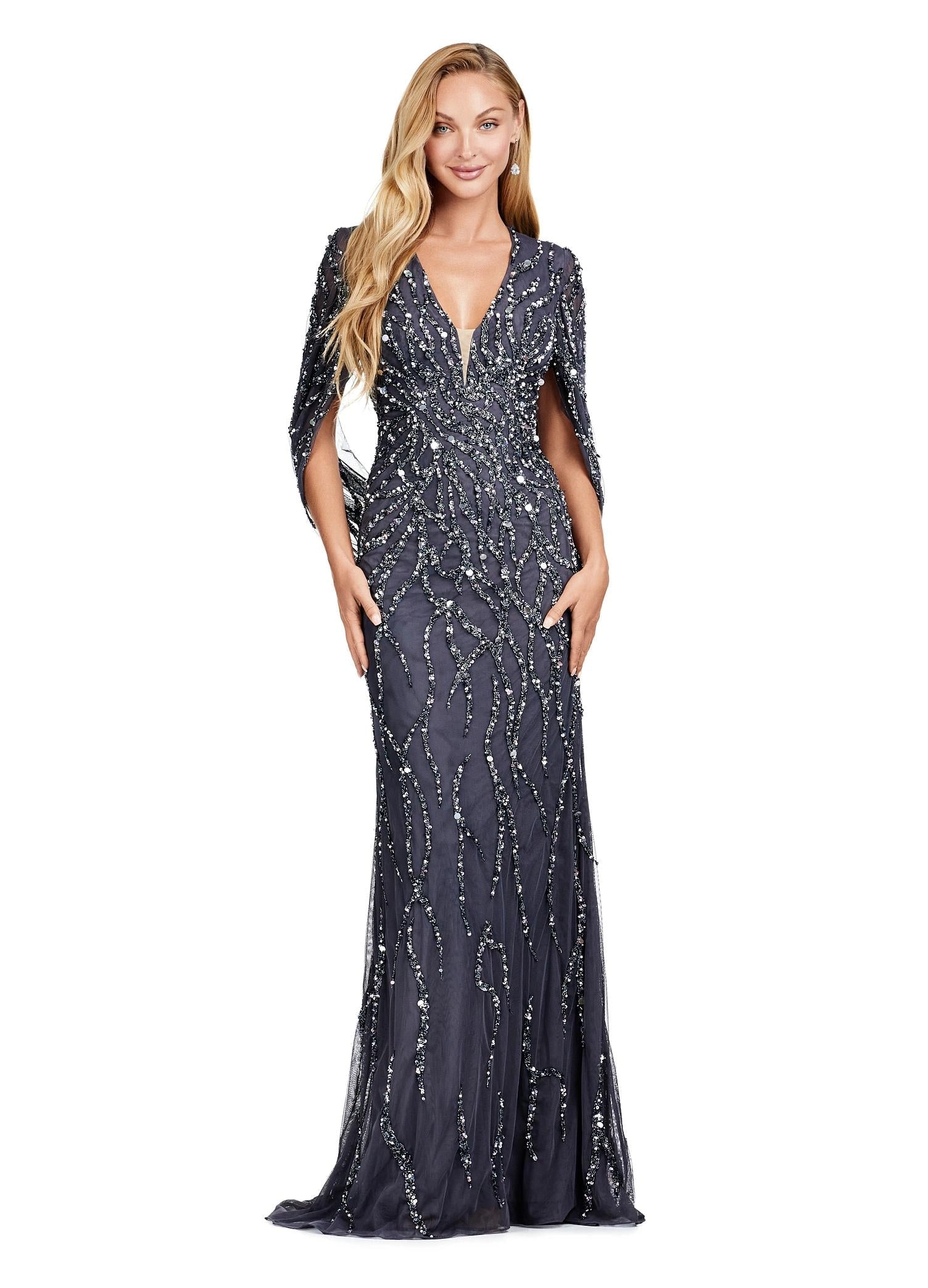 Charcoal ASHLEYlauren 11430 High Fashion Fully Beaded Fitted Gown with Elegant V-Neckline and Statement Cape Sleeves