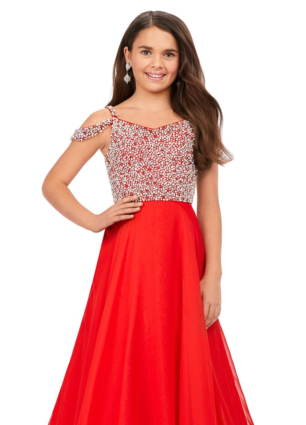 Close-up. Red ASHLEYlauren Kids 8220 Off Shoulder Gown with Beaded Bustier and Chiffon A-Line Skirt