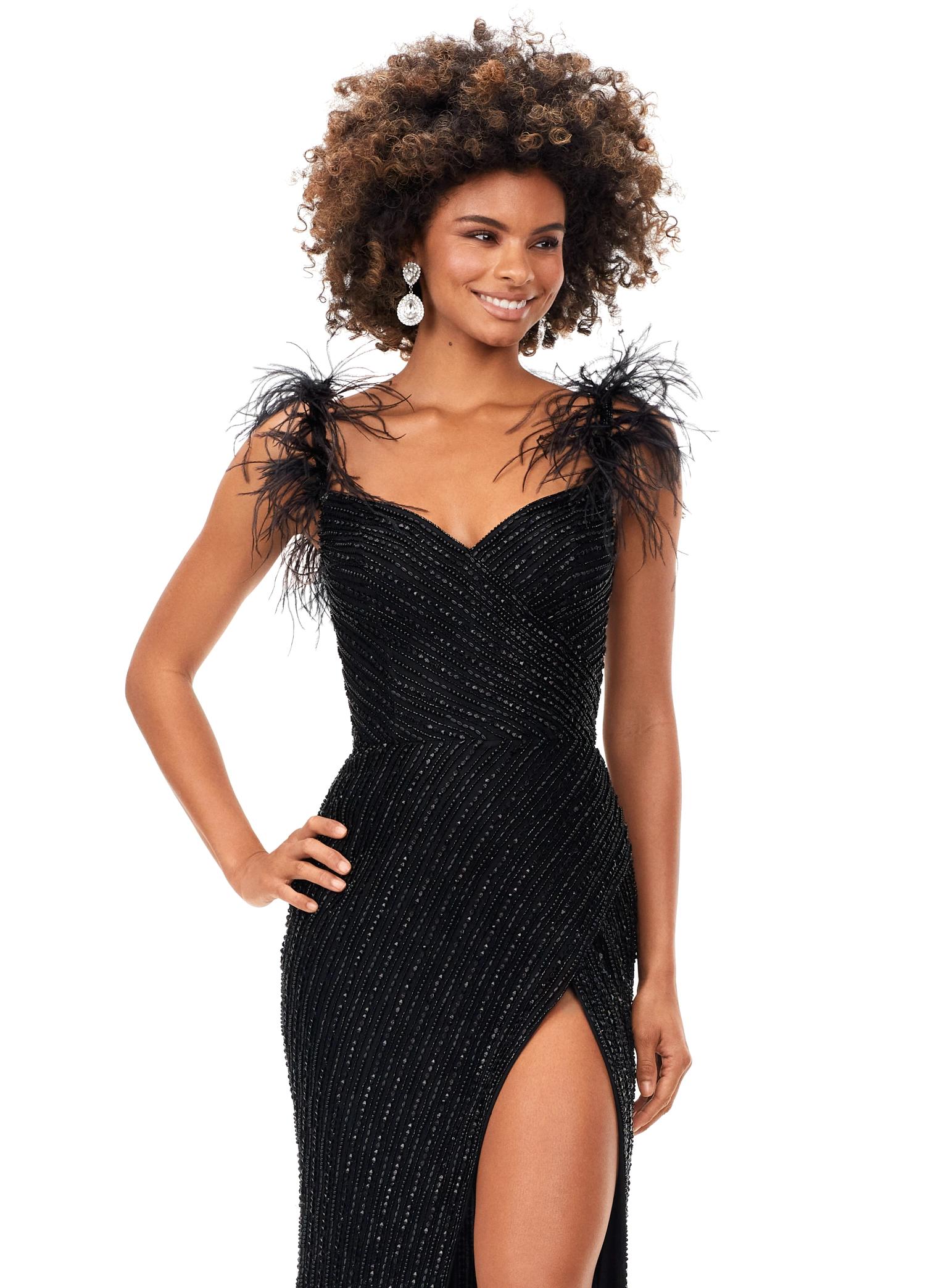 Close Up - Black ASHLEYlauren 11367 beaded gown featuring a sweetheart neckline, detachable feather straps, wrap skirt, and left leg slit for an elegant and versatile look.