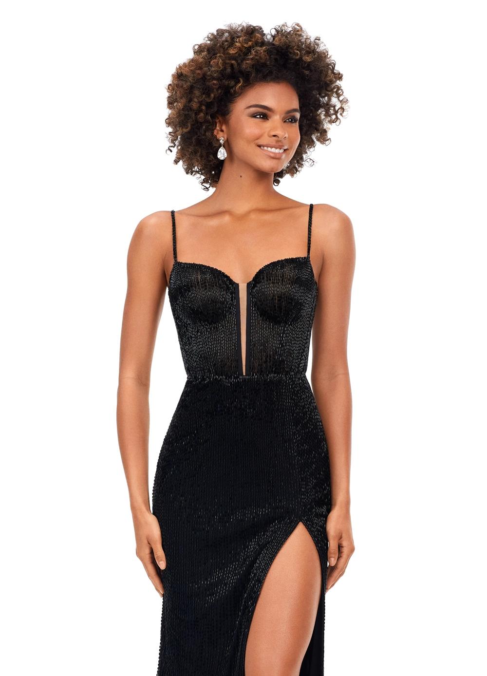 Close Up - Black ASHLEYlauren 11369 fully liquid beaded gown featuring an exposed bustier, delicate spaghetti straps, left leg slit, and a sweep train for a glamorous finish.