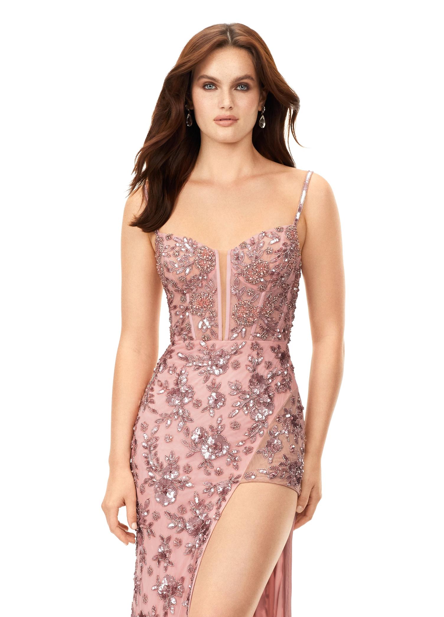 Close Up - Blush ASHLEYlauren 11360 floral beaded gown featuring a corset bustier with plunging V-neckline, lace-up back, and a fitted skirt with a high left leg slit.