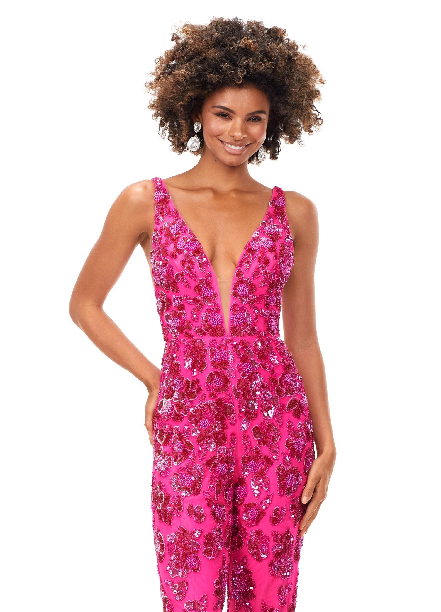 ASHLEYlauren 11335 V Neck Hand Beaded Jumpsuit