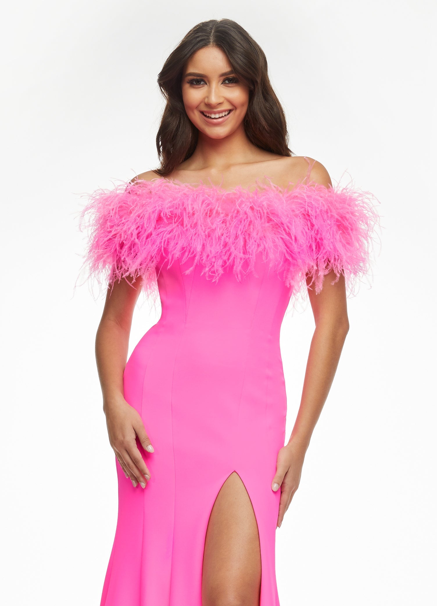 Close up - Pink ASHLEYlauren 11099 Fully Beaded Gown with One-Shoulder Design, Intricate Beading, and High Slit for a Glamorous Look