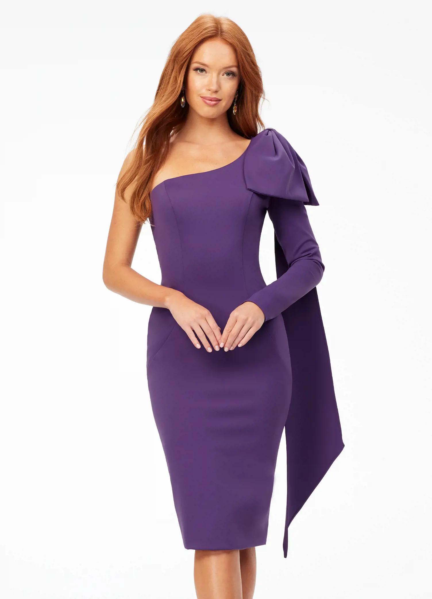 Close up Purple ASHLEYlauren 4480 one shoulder scuba cocktail dress featuring a single sleeve, elegant bow detail, and trailing bow tails for a sophisticated and stylish finish.